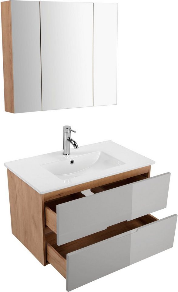 welltime Badmöbel-Set Lund Badmöbel Set Badschrank Badezimmerset, (Komplett-Set, 3-St), Waschtisch, Spiegelschrank und Becken Breite 80cm – Bild 4 von 5
