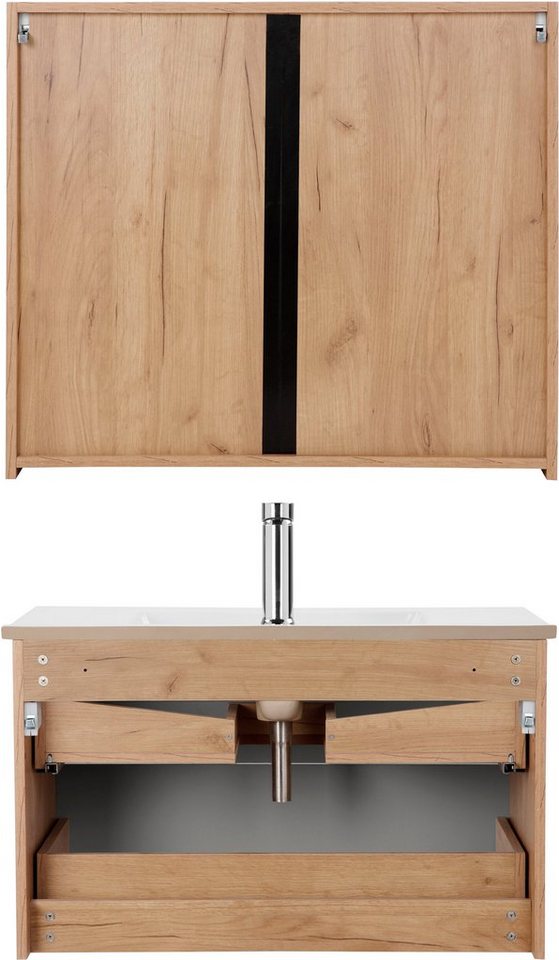 welltime Badmöbel-Set Lund Badmöbel Set Badschrank Badezimmerset, (Komplett-Set, 3-St), Waschtisch, Spiegelschrank und Becken Breite 80cm – Bild 5 von 5