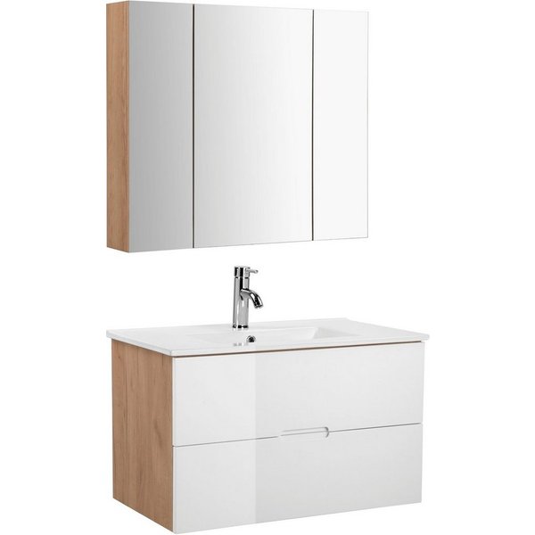 welltime Badmöbel-Set Lund Badmöbel Set Badschrank Badezimmerset, (Komplett-Set, 3-St), Waschtisch, Spiegelschrank und Becken Breite 80cm