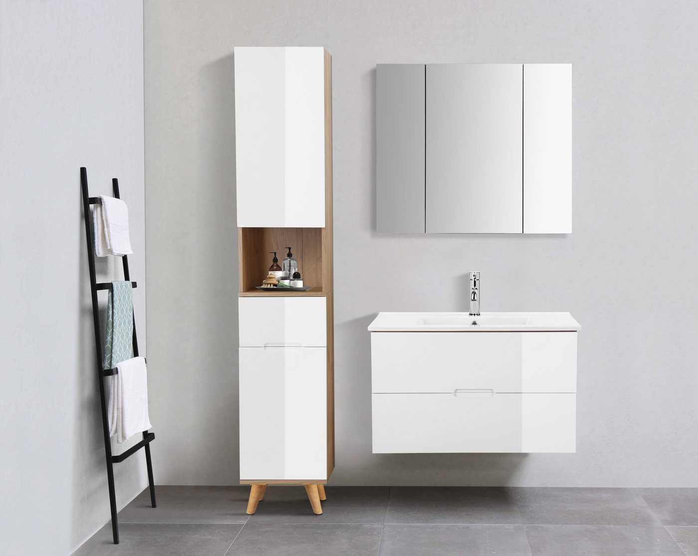 welltime Badmöbel-Set Lund Badmöbel Set Badschrank Badezimmerset, (Komplett-Set, 3-St), Waschtisch, Spiegelschrank und Becken Breite 80cm – Bild 2 von 5