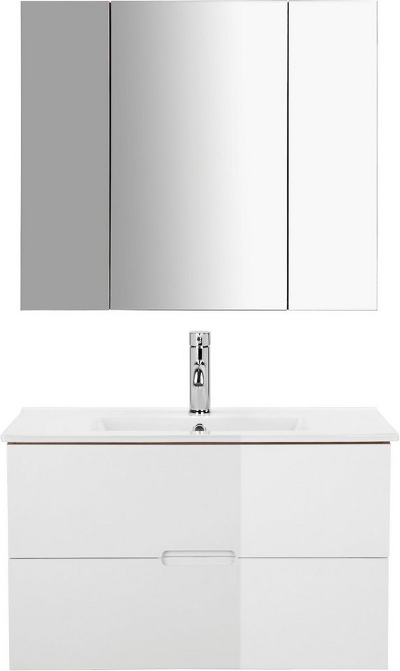 welltime Badmöbel-Set Lund Badmöbel Set Badschrank Badezimmerset, (Komplett-Set, 3-St), Waschtisch, Spiegelschrank und Becken Breite 80cm – Bild 3 von 5