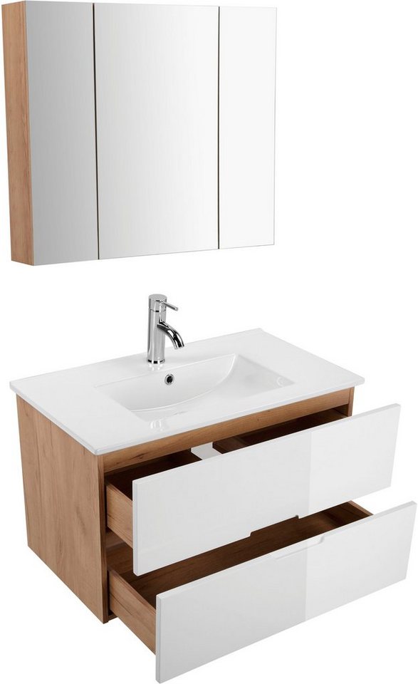 welltime Badmöbel-Set Lund Badmöbel Set Badschrank Badezimmerset, (Komplett-Set, 3-St), Waschtisch, Spiegelschrank und Becken Breite 80cm – Bild 4 von 5