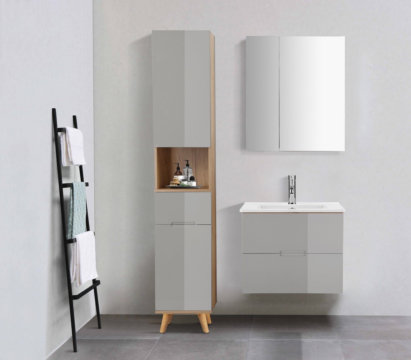 welltime Badmöbel-Set Lund Badmöbel Set Badschrank Badezimmerset, (Komplett-Set), Spiegelschrank, Waschtisch und Waschbecken Breite 60cm – Bild 2 von 5