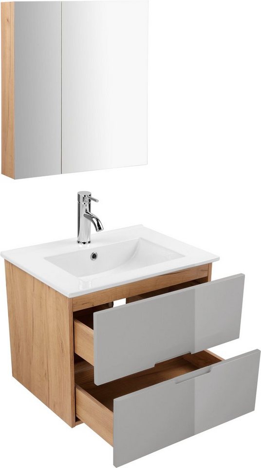 welltime Badmöbel-Set Lund Badmöbel Set Badschrank Badezimmerset, (Komplett-Set), Spiegelschrank, Waschtisch und Waschbecken Breite 60cm – Bild 4 von 5