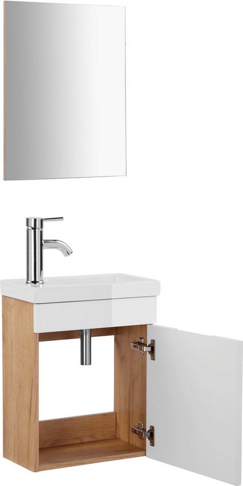 welltime Badmöbel-Set Lund Gästebad Gästebadezimmmer Set Gäste-WC Waschplatzset, (Komplett-Set), Waschtisch, Spiegel und Waschbecken Breite 40 cm – Bild 3 von 5