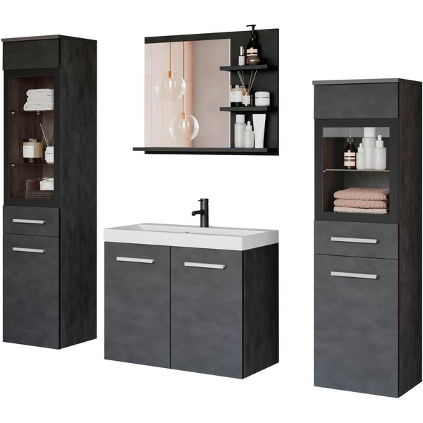 welltime Badmöbel-Set MADRIT, (Komplett-Set, 5-St., mit Waschbecken), Waschtisch inkl. Waschbecken, Badschrank, Hochschrank, Spiegel