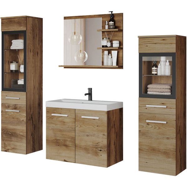 welltime Badmöbel-Set MADRIT, (Komplett-Set, 5-St., mit Waschbecken), Waschtisch inkl. Waschbecken, Badschrank, Hochschrank, Spiegel