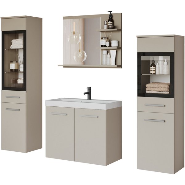 welltime Badmöbel-Set MADRIT, (Komplett-Set, 5-St., mit Waschbecken), Waschtisch inkl. Waschbecken, Badschrank, Hochschrank, Spiegel