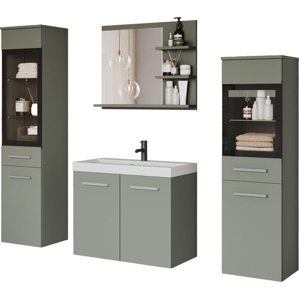 welltime Badmöbel-Set MADRIT, (Komplett-Set, 5-St., mit Waschbecken), Waschtisch inkl. Waschbecken, Badschrank, Hochschrank, Spiegel