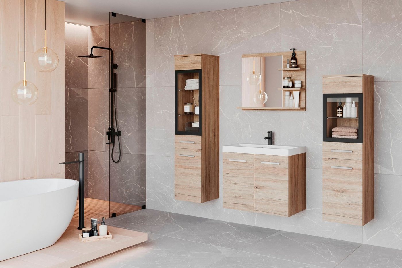 welltime Badmöbel-Set MADRIT, (Komplett-Set, 5-St., mit Waschbecken), Waschtisch inkl. Waschbecken, Badschrank, Hochschrank, Spiegel – Bild 2 von 5