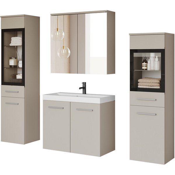 welltime Badmöbel-Set MADRIT II, Schrank mit Waschbecken, 2 Hänger, Spiegelschrank, (Komplett-Set, 5-St), Hängende Badmöbel mit Glaseinsätzen – in vielen Farben