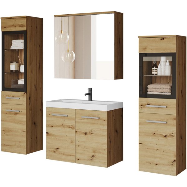 welltime Badmöbel-Set MADRIT II, Schrank mit Waschbecken, 2 Hänger, Spiegelschrank, (Komplett-Set, 5-St), Hängende Badmöbel mit Glaseinsätzen – in vielen Farben