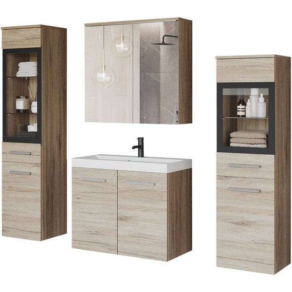 welltime Badmöbel-Set MADRIT II, Schrank mit Waschbecken, 2 Hänger, Spiegelschrank, (Komplett-Set, 5-St), Hängende Badmöbel mit Glaseinsätzen – in vielen Farben
