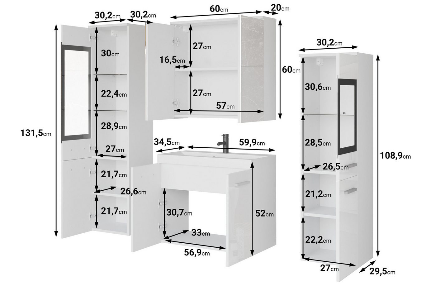 welltime Badmöbel-Set MADRIT II, Schrank mit Waschbecken, 2 Hänger, Spiegelschrank, (Komplett-Set, 5-St), Hängende Badmöbel mit Glaseinsätzen – in vielen Farben – Bild 4 von 5