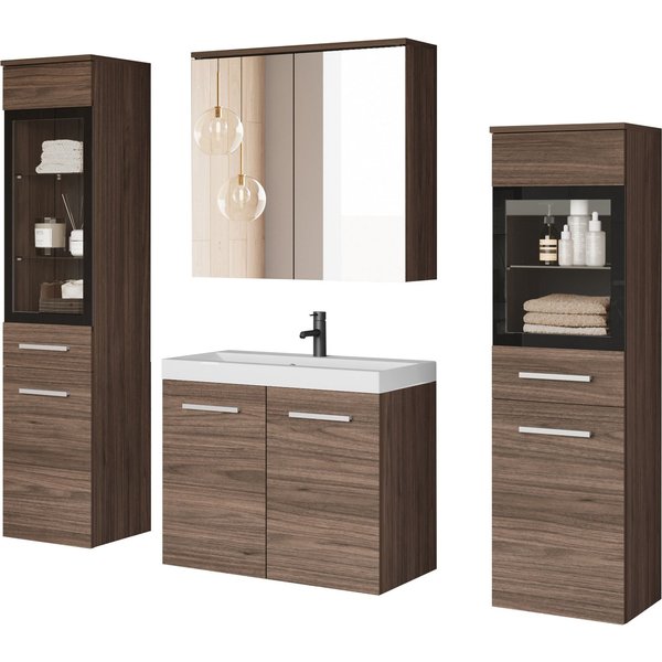 welltime Badmöbel-Set MADRIT II, Schrank mit Waschbecken, 2 Hänger, Spiegelschrank, (Komplett-Set, 5-St), Hängende Badmöbel mit Glaseinsätzen – in vielen Farben