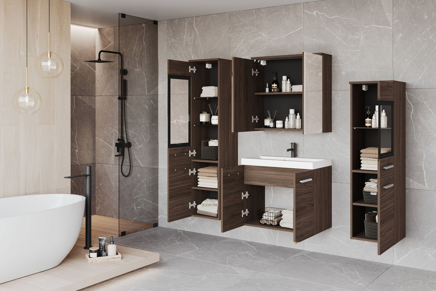 welltime Badmöbel-Set MADRIT II, Schrank mit Waschbecken, 2 Hänger, Spiegelschrank, (Komplett-Set, 5-St), Hängende Badmöbel mit Glaseinsätzen – in vielen Farben – Bild 3 von 5