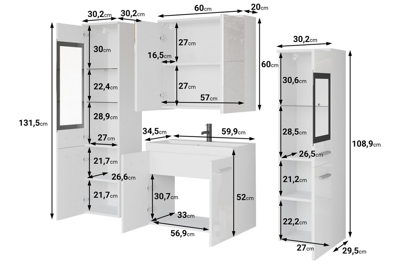 welltime Badmöbel-Set MADRIT II, Schrank mit Waschbecken, 2 Hänger, Spiegelschrank, (Komplett-Set, 5-St), Hängende Badmöbel mit Glaseinsätzen – in vielen Farben – Bild 5 von 5
