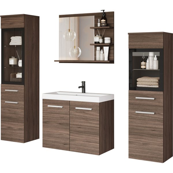 welltime Badmöbel-Set MADRIT, (Komplett-Set, 5-St., mit Waschbecken), Waschtisch inkl. Waschbecken, Badschrank, Hochschrank, Spiegel
