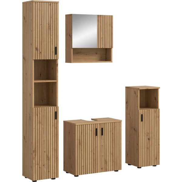 welltime Badmöbel-Set MANI, 4-tlg. Badkombination, Paneeloptik, (Set, 4-St., Set, best. aus: 1Badschrank, 1WBU, 1 Spiegelschrank, 1 Badschrank), Bad-Kombination
