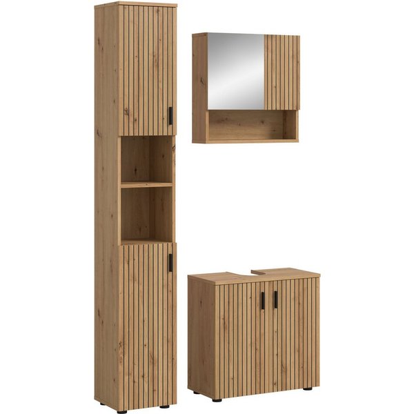 welltime Badmöbel-Set MANI, 3-tlg. Badkombination, Paneeloptik, (Set, 3-St., Set, best. aus:1Badschrank, 1Waschbeckenunterschrank, 1Spiegelschrank), Bad-Kombina