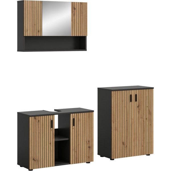 welltime Badmöbel-Set MANI, 3-tlg. Badkombination, Paneeloptik, (Set, 3-St., Set, best, aus: 1Badschrank,1Spiegelschrank,1Waschbeckenunterschrank), Bad-Kombinat