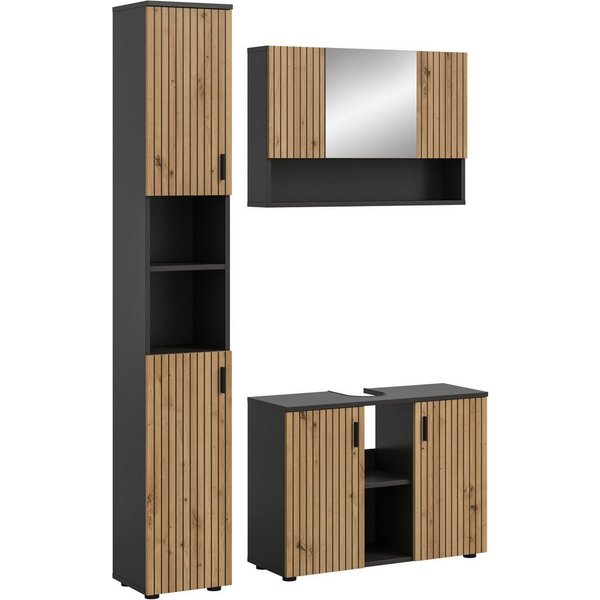 welltime Badmöbel-Set MANI, 3-tlg. Badkombination, Paneeloptik, (Set, 3-St., Set, best, aus: 1Badschrank,1Spiegelschrank,1Waschbeckenunterschrank), Bad-Kombinat