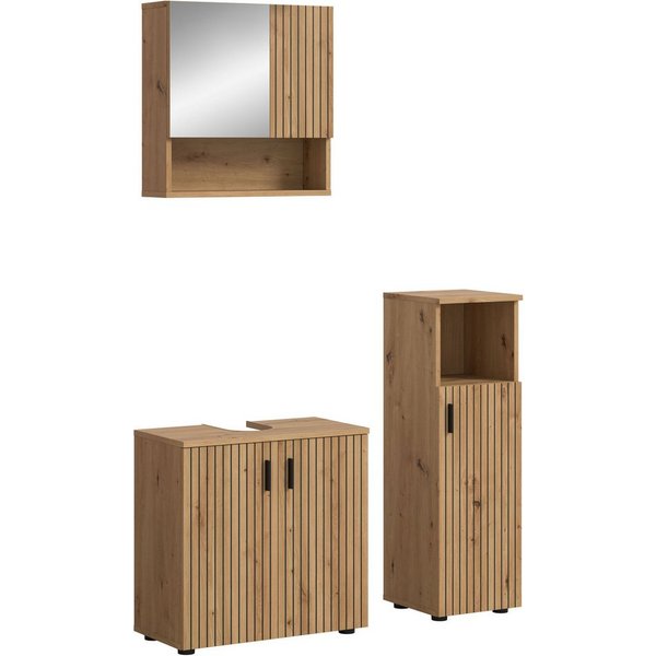 welltime Badmöbel-Set MANI, 3-tlg. Badkombination, Paneeloptik, (Set, 3-St., Set, best. aus:1Badschrank, 1Spiegelschrank, 1Waschbeckenunterschrank), Bad-Kombina