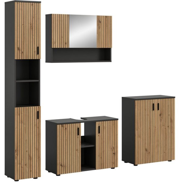 welltime Badmöbel-Set MANI, 4-tlg. Badkombination, Paneeloptik, (Set, 4-St., Set, best. aus: 1Badschrank,1WBU,1Spiegelschrank,1Badschrank), Bad-Kombination, Bad