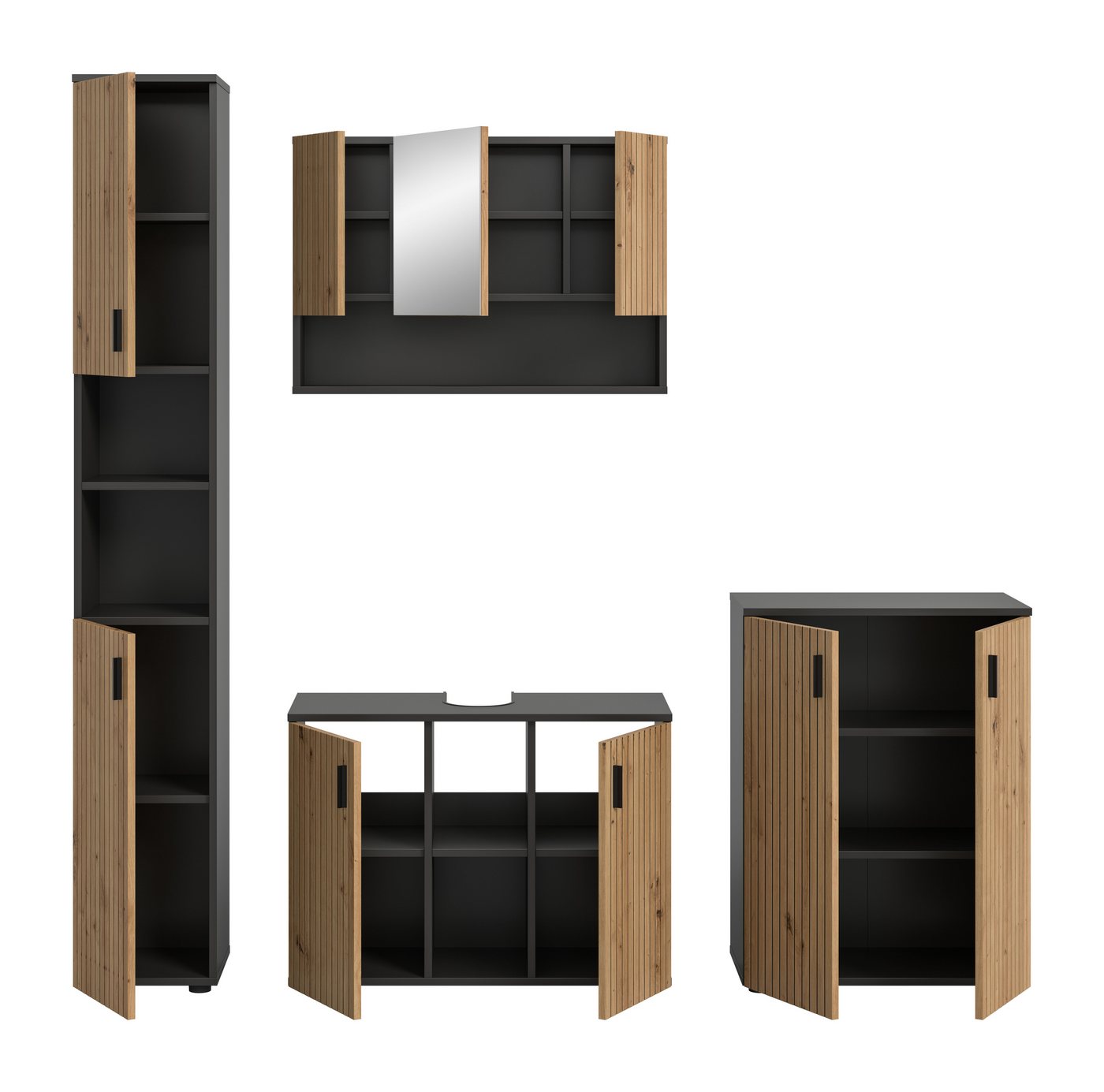 welltime Badmöbel-Set MANI, 4-tlg. Badkombination, Paneeloptik, (Set, 4-St., Set, best. aus: 1Badschrank,1WBU,1Spiegelschrank,1Badschrank), Bad-Kombination, Bad – Bild 4 von 5