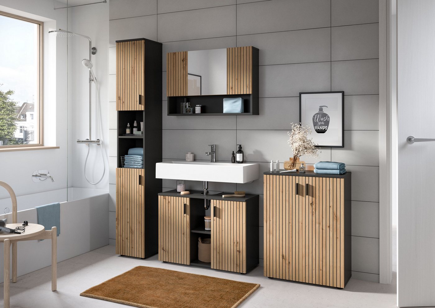 welltime Badmöbel-Set MANI, 4-tlg. Badkombination, Paneeloptik, (Set, 4-St., Set, best. aus: 1Badschrank,1WBU,1Spiegelschrank,1Badschrank), Bad-Kombination, Bad – Bild 5 von 5