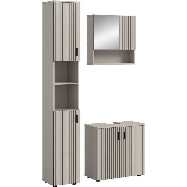 welltime Badmöbel-Set MANI, 3-tlg. Badkombination, Paneeloptik, (Set, 3-St., Set, best. aus:1Badschrank, 1Waschbeckenunterschrank, 1Spiegelschrank), Bad-Kombina