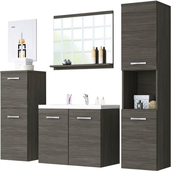 welltime Badmöbel-Set PARLA, (Komplett-Set, 5-St), Waschtisch inkl. Waschbecken, Spiegel, Hochschrank und Hängeschrank