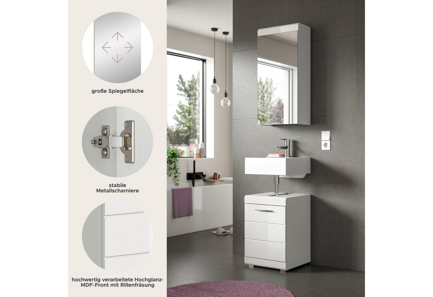welltime Badmöbel-Set SIENA, 2-teilig, Waschbeckenunterschrank & Spiegelschrank, (TOPSELLER!, individuell um weitere Artikel der Serie SIENA erweiterbar), Badmö – Bild 3 von 5