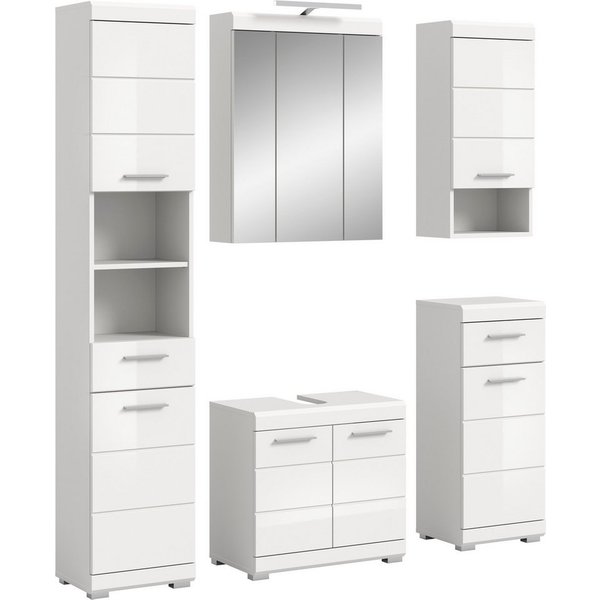 welltime Badmöbel-Set SIENA, 5 teilig, inklusive LED Beleuchtung, bestehend aus:, (Set, 5-St., TOPSELLER), Hochschrank, WBU, Spiegelschrank, Unterschrank, Hänge