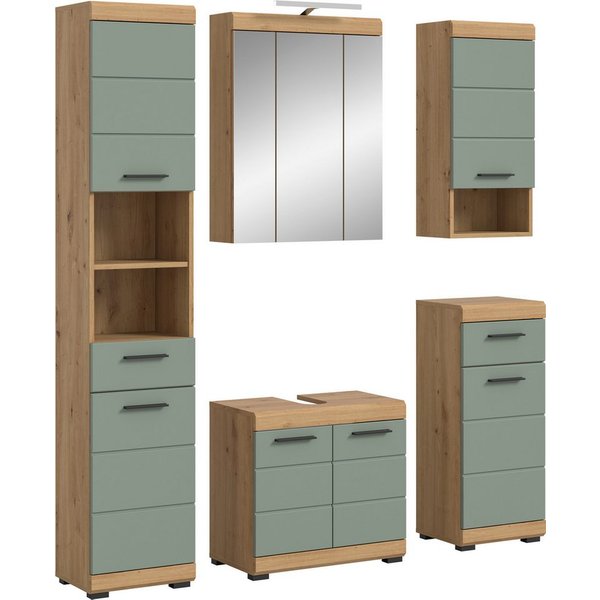 welltime Badmöbel-Set SIENA, 5 teilig, inklusive LED Beleuchtung, bestehend aus:, (Set, 5-St., TOPSELLER), Hochschrank, WBU, Spiegelschrank, Unterschrank, Hänge