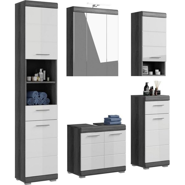 welltime Badmöbel-Set SIENA, 5 teilig, inklusive LED Beleuchtung, bestehend aus:, (Set, 5-St., TOPSELLER), Hochschrank, WBU, Spiegelschrank, Unterschrank, Hänge