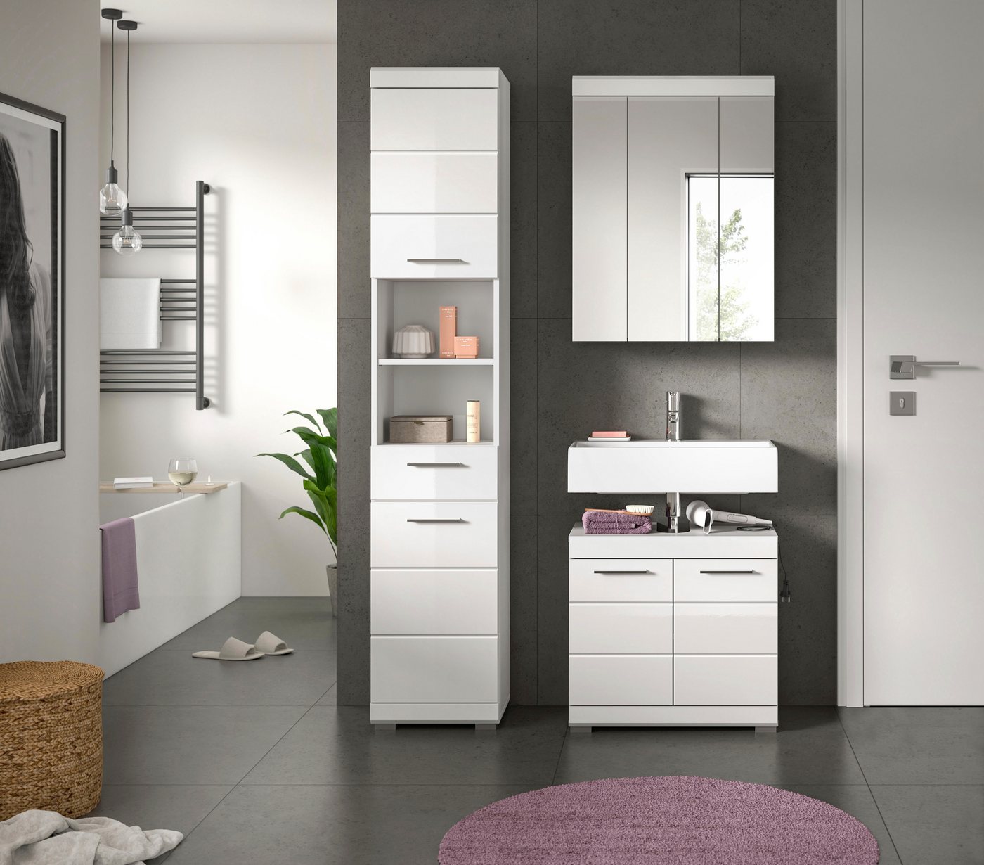 welltime Badmöbel-Set SIENA, 3 teilig, bestehend aus:, (Set, 3-St., TOPSELLER), Hochschrank, Waschbeckenunterschrank, Spiegelschrank – Bild 2 von 5