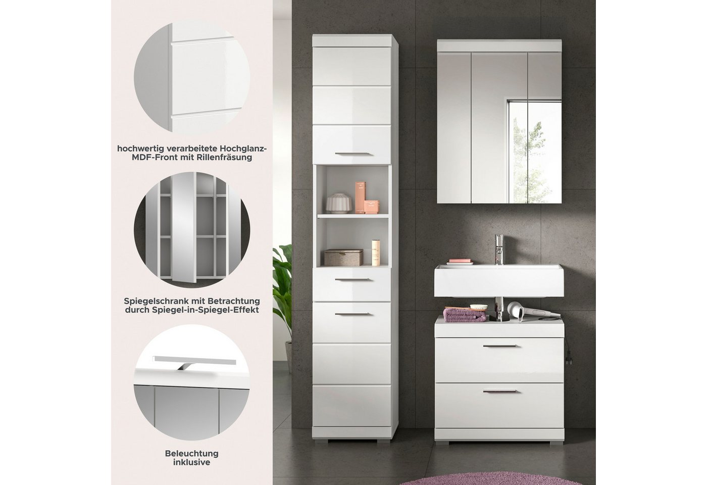welltime Badmöbel-Set SIENA, 3 teilig, bestehend aus:, (Set, 3-St., TOPSELLER), Hochschrank, Waschbeckenunterschrank, Spiegelschrank – Bild 3 von 5