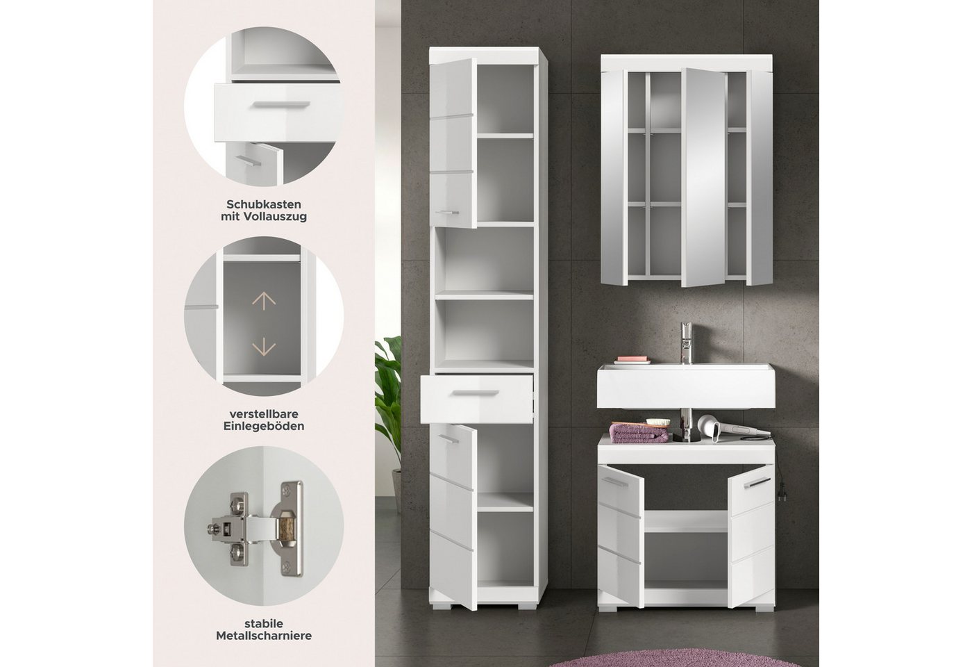 welltime Badmöbel-Set SIENA, 3 teilig, bestehend aus:, (Set, 3-St., TOPSELLER), Hochschrank, Waschbeckenunterschrank, Spiegelschrank – Bild 4 von 5