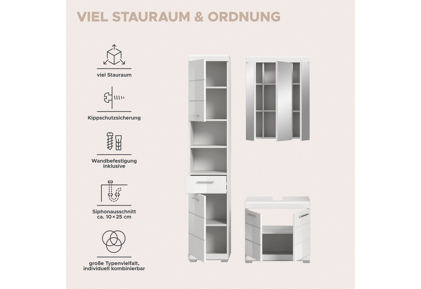 welltime Badmöbel-Set SIENA, 3 teilig, bestehend aus:, (Set, 3-St., TOPSELLER), Hochschrank, Waschbeckenunterschrank, Spiegelschrank – Bild 5 von 5