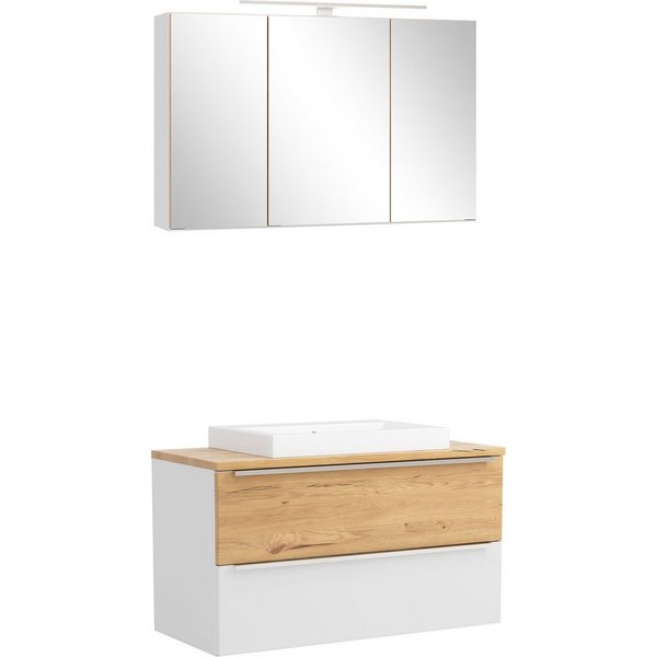 welltime Badmöbel-Set TRIENT, Set: Spiegelschrank und Waschtisch, (2-St., Maße (B/H/T): ca. 100/200/47 cm), matt weiß/wildeiche, LED-Aufbauleuchte, 2tlg. Wascht