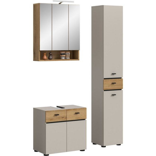 welltime Badmöbel-Set VANN, 3-teilige moderne Badkombination, inkl. Beleuchtung, (3-St., Waschbeckenunterschrank, Spiegelschrank inkl. Beleuchtung, Hochschrank)