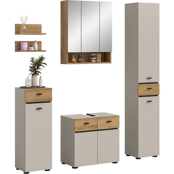 welltime Badmöbel-Set VANN, 6-teilige moderne Badkombination, individuell stellbar, (6-St., Midischrank, 2er Set Wandregal, WBU, Spiegelschrank, Hochschrank), B