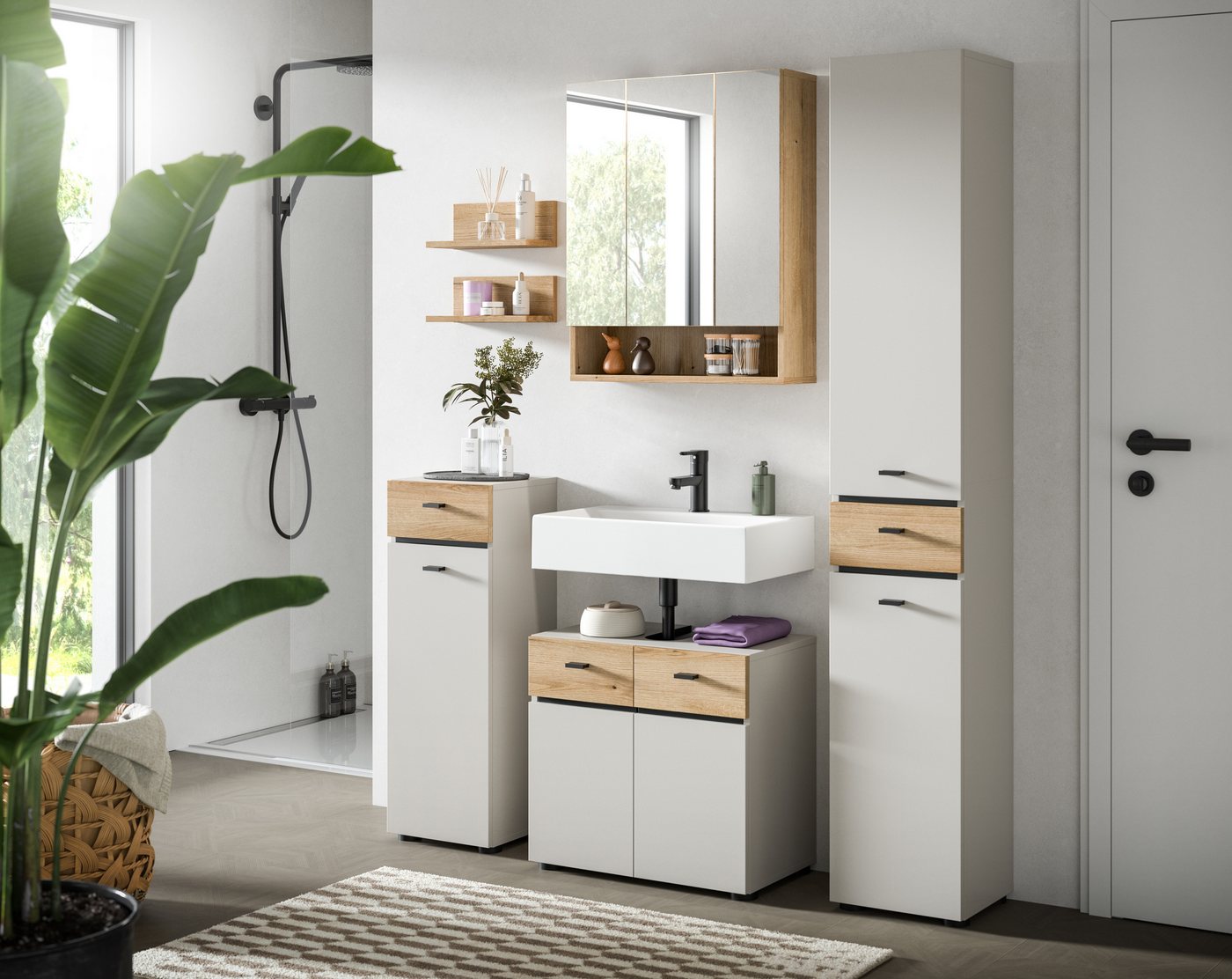 welltime Badmöbel-Set VANN, 6-teilige moderne Badkombination, individuell stellbar, (6-St., Midischrank, 2er Set Wandregal, WBU, Spiegelschrank, Hochschrank), B – Bild 2 von 5