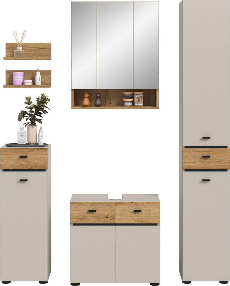 welltime Badmöbel-Set VANN, 6-teilige moderne Badkombination, individuell stellbar, (6-St., Midischrank, 2er Set Wandregal, WBU, Spiegelschrank, Hochschrank), B – Bild 3 von 5