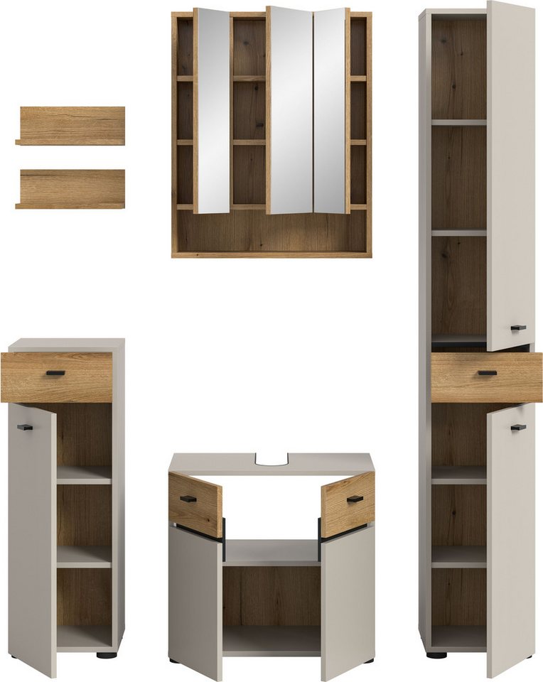 welltime Badmöbel-Set VANN, 6-teilige moderne Badkombination, individuell stellbar, (6-St., Midischrank, 2er Set Wandregal, WBU, Spiegelschrank, Hochschrank), B – Bild 4 von 5