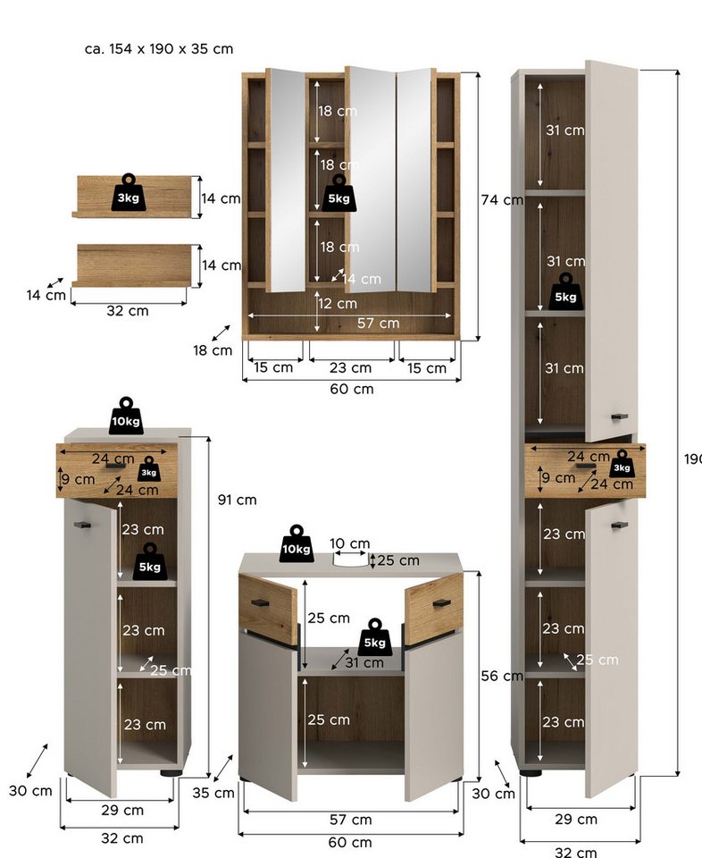 welltime Badmöbel-Set VANN, 6-teilige moderne Badkombination, individuell stellbar, (6-St., Midischrank, 2er Set Wandregal, WBU, Spiegelschrank, Hochschrank), B – Bild 5 von 5