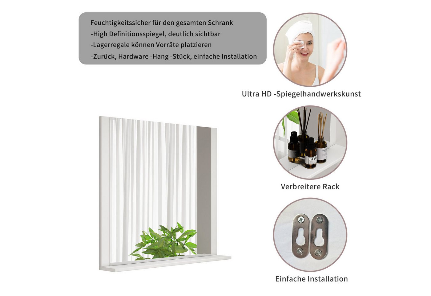 welltime Badspiegel AMSTERDAM, in zwei Breiten 60cm, 80cm mit praktischer Ablagefläche – Bild 2 von 5