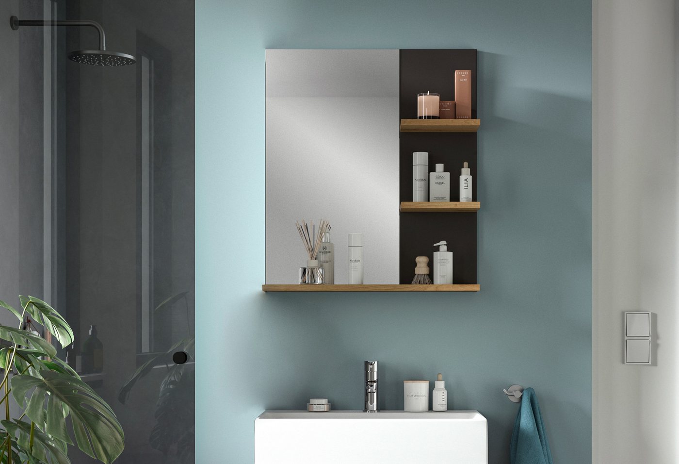 welltime Badspiegel REHAT, Breite 63 cm, mit 3 Ablageböden, hochwertiges Spiegelglas, Badmöbel, Spiegel, Wandspiegel, Bad, Badezimmer – Bild 2 von 5