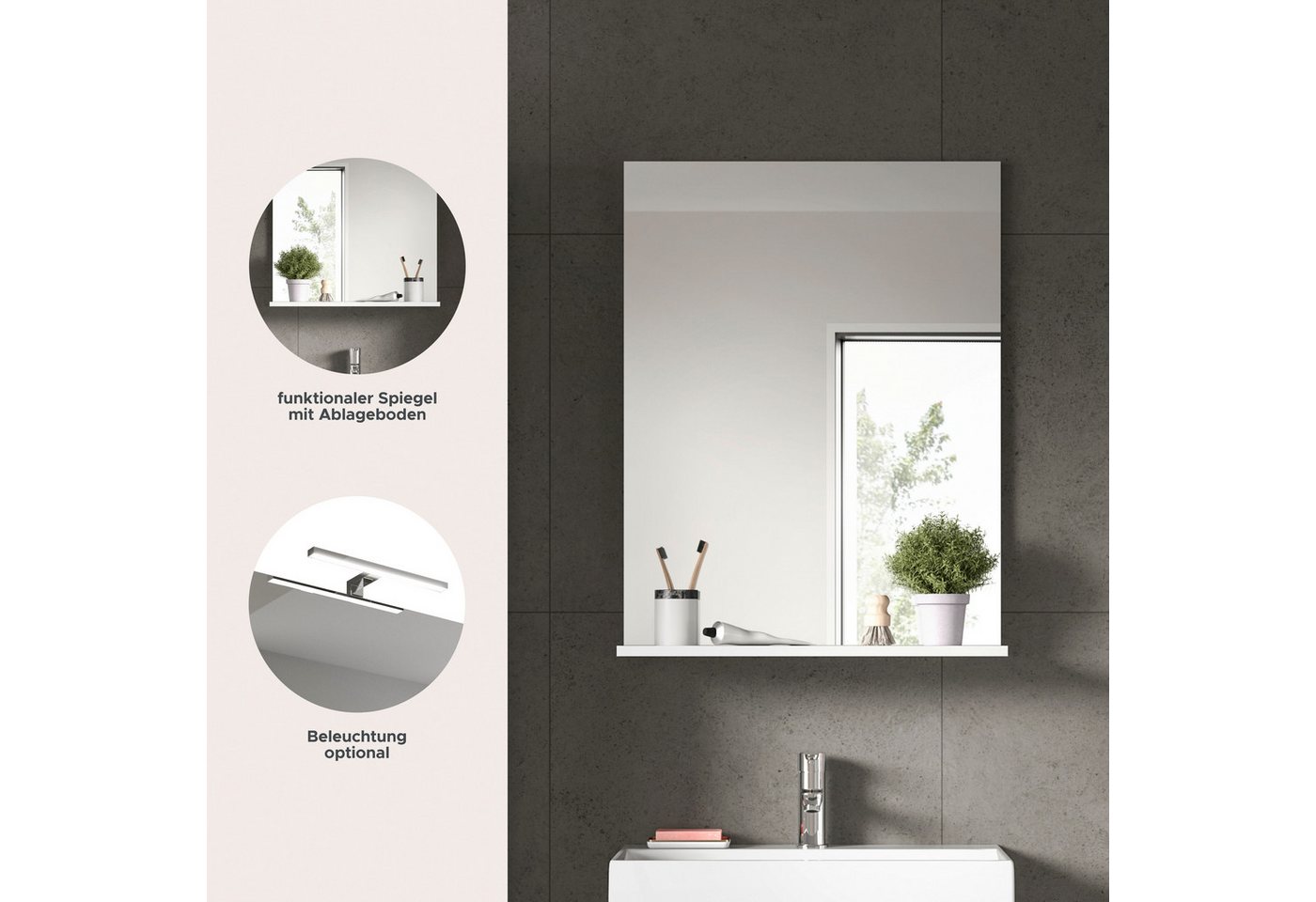 welltime Badspiegel SIENA, Breite 60cm, 1 Ablageboden, hochwertiges Spiegelglas (TOPSELLER), in verschiedenen Farben erhältlich, Badmöbel, Spiegel, Badezimmer – Bild 3 von 5